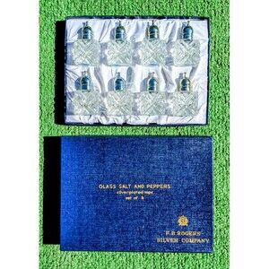 F.B. Rogers Silver Co. Glass Salt & Peppers Silverplated Tops Set of 6 NOS
